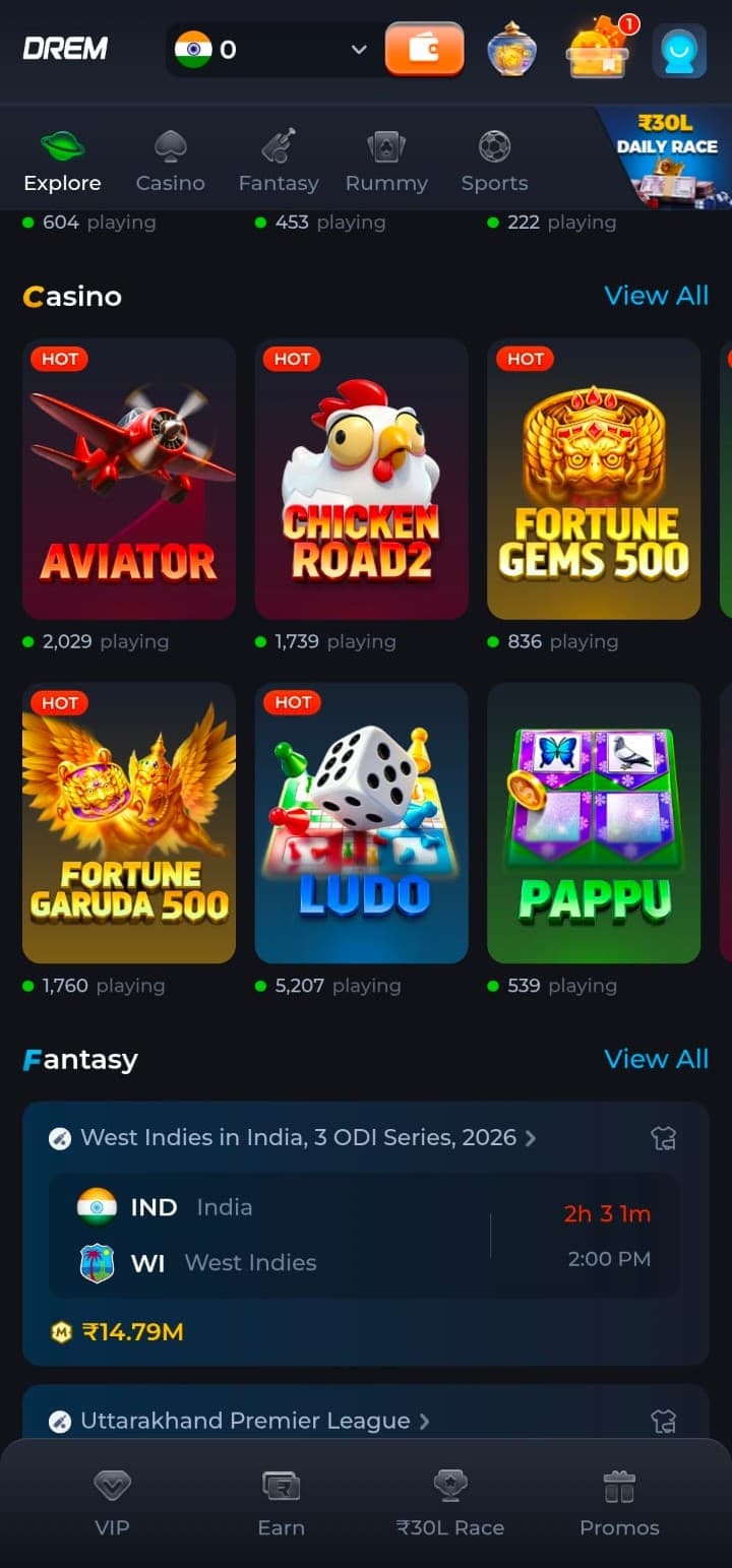 DREM app home screen showing Explore, Casino, Fantasy, Rummy and Sports sections