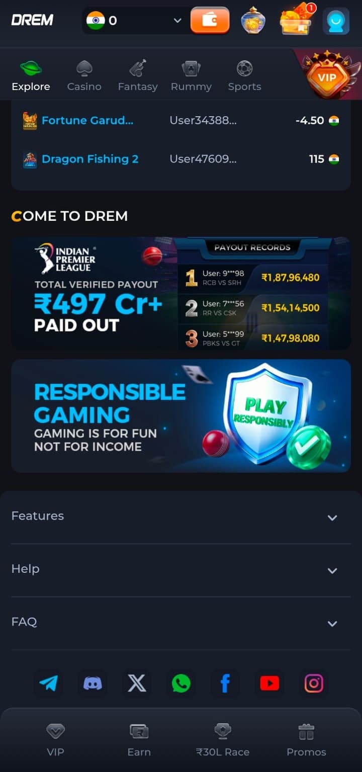 DREM app promotions screen with promotional banners
